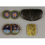 Buckles,c.1900, a cloisonné two-piece with ducks on a pond, another of interlinked circles with pink