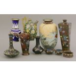 Cloisonné, late 19th century, two square section vases, an ovoid vase with water plants, a Chinese