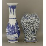 A blue and white Vase, late Ming/early Qing, in Transitional style with figures in a landscape,