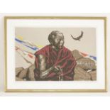 A woodblock print, 'Lamaist in Tibet', by Li Zongle, of a Tibetan lama holding a string of prayer