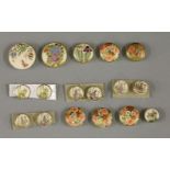 'Satsuma' buttons, four pairs with wisteria or bamboo, a set of five with bright chrysanthemums, and