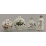 Four snuff bottles, 20th century, one globular with a procession of officials, Qianlong mark, one of