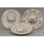 Three famille rose Meissen-style Plates,18th century, each painted in the centre, two with harbour