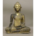 A Thai gilt bronze Buddha,19th century, seated in Bhumisparsa mudra, dressed in floral decorated