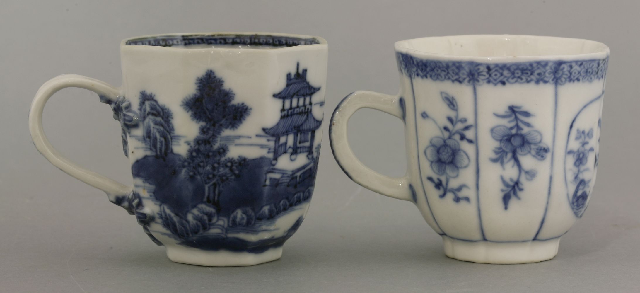 Two rare Coffee Cups,c.1740, one soft paste, lobed and delicately picked out in underglaze blue with - Image 2 of 3