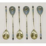 A set of six late 19th/early 20th century Russian silver gilt and cloisonné enamel lemon teaspoons,