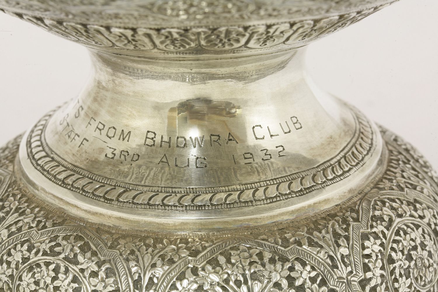 An Indian silver bowl,possibly Kashmir, c.1930,of circular form with flared rim on pedestal circular - Image 4 of 5