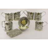 A set of five Soviet metalwares and niellowork teacup holders,post 1958,with pierced foliate