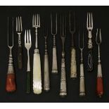 Four assorted forks with silver tines,comprising:one with agate handle,struck with maker's mark