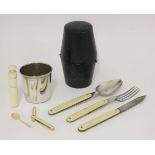 A 19th century composite campaign set,with a silver-plated beaker, the folding knife, fork and spoon