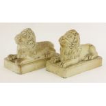 A pair of salt-glazed stoneware lions,c.1830, by Brampton, Chesterfield,14.5cm high19.5cm long (2)