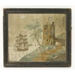 A silk embroidered picture,19th century, worked with a warship offshore, a sailor with a telescope