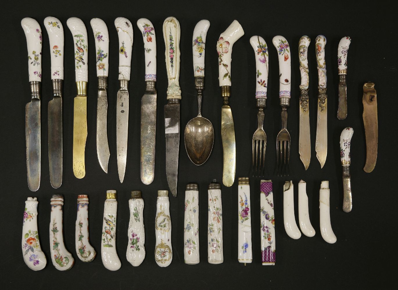 A collection of knives and forks with porcelain handles,mainly 19th century, including Meissen and