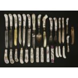 A collection of knives and forks with porcelain handles,mainly 19th century, including Meissen and