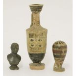 Two Etruscan pottery vases,both with painted decoration,7.5 and 15.5cm high, anda small Roman bust,