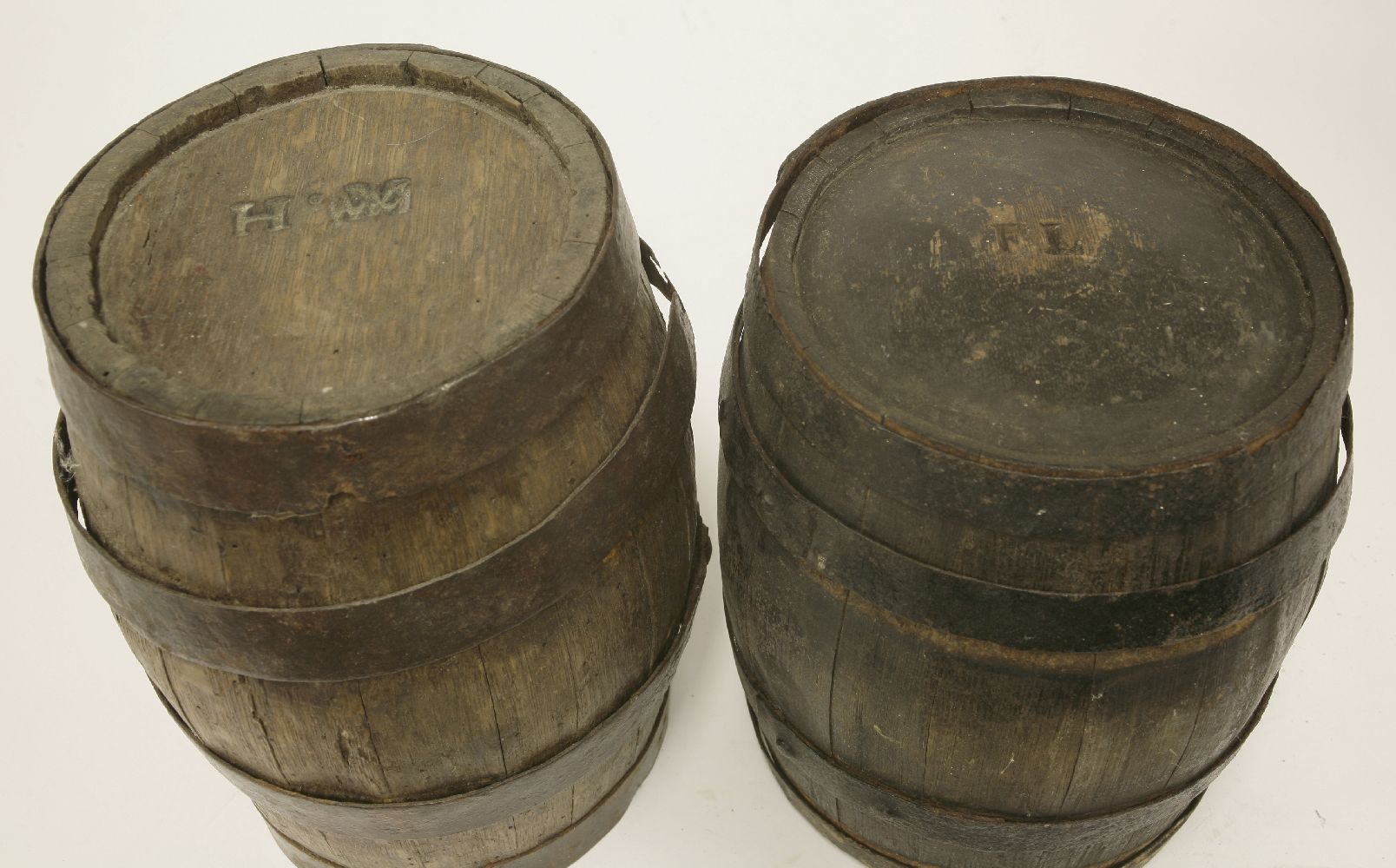 Four treen costrels, 19th century, each of coopered construction, with iron hoops, three with - Image 3 of 4