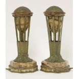 A pair of French Art Deco table lamps,in fluorspar with cast bronze mounts and covers,31cm high (4)