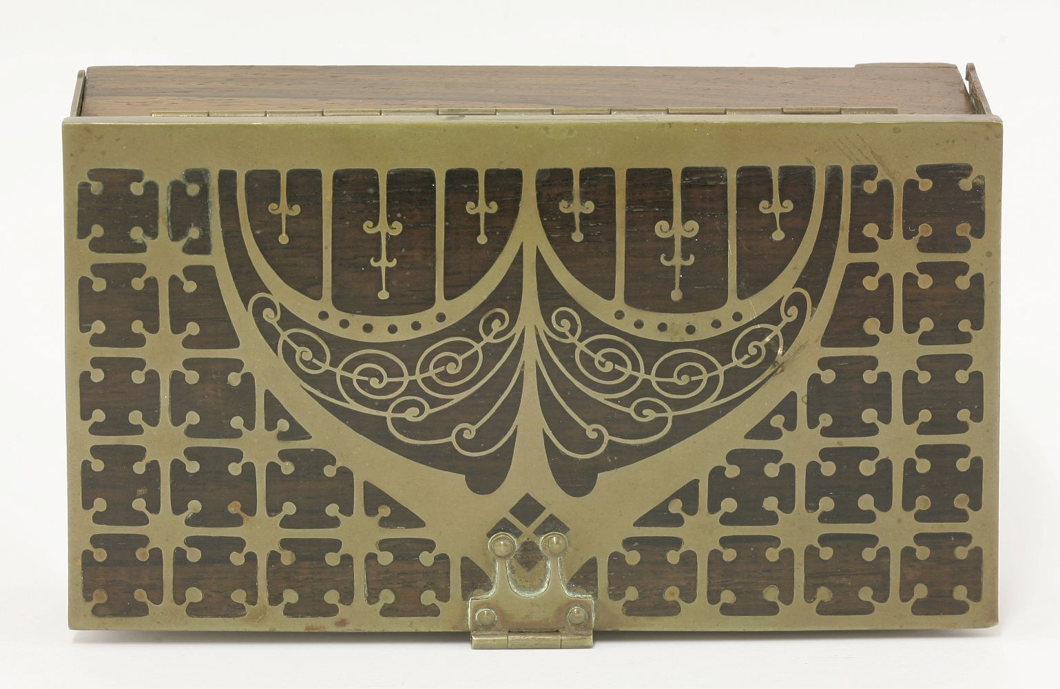 A French Art Nouveau rosewood casket,early 20th century, the cover with ornate brass inlay and - Image 3 of 3