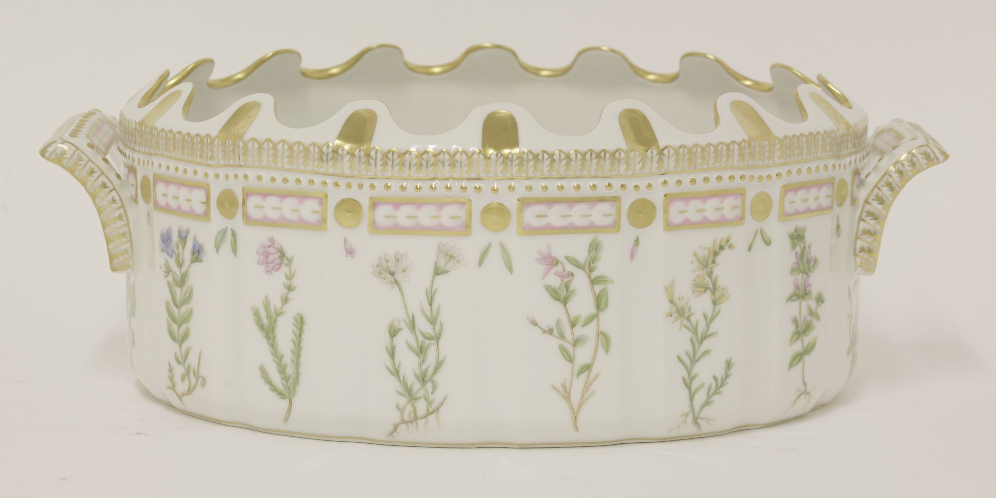 A Royal Copenhagen 'Flora Danica' monteith,of oval form, painted with botanical specimens,33.5cm