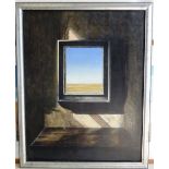 Trompe l'oeil Oil on Canvas depicting an interior scene with a framed picture of a desert scene