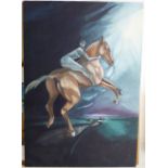 *A 20th Century Oil on Canvas, nude female figure upon horseback in a dark landscape,