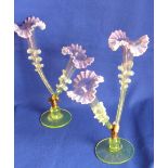 An unusual pair of 19th Century two branch coloured glass 
Epergne 's,