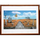 *A late 20th Century surrealist Print on hand made paper depicting Classical monuments in a desert