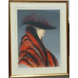 *A 20th Century Limited Edition Print of a lady wearing a feather hat and red and black coat,