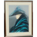 *A 20th Century Limited Edition Print of a lady wearing a feather hat and turquoise and black coat,