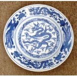 A Chinese porcelain underglaze decorated blue and white Dragon Plate,