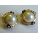 A pair of ladies 18 carat yellow gold mabe pearl, diamond and enamel Ear Clips,
