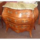 A fine marble topped walnut and boxwood strung bombe shaped Commode in mid 18th Century French