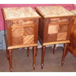 A pair of French marble topped and walnut Bedside Cabinets,