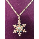 A Victorian 15 carat gold Pendant/Brooch set with turquoise and pearls on a gold Chain