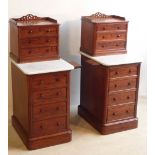 A very fine opposing pair of mahogany and white marble topped Side Cabinets,