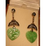 A pair of carved jade enamel and diamond drop Earrings