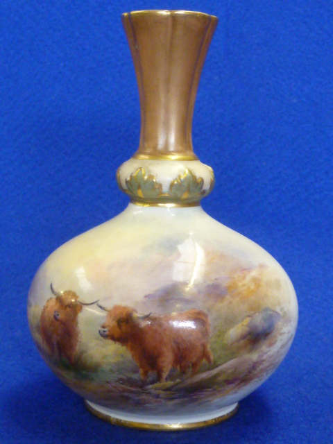 An early 20th Century Royal Worcester porcelain Bottle Vase decorated with Highland Long Horn