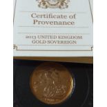 An Elizabeth II gold Sovereign dated 2013 with paperwork