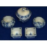Five pieces of Meissen style porcelain to include two circular Salts,