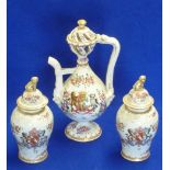 A late 19th Century Samson porcelain armorial Ewer together with two further smaller baluster