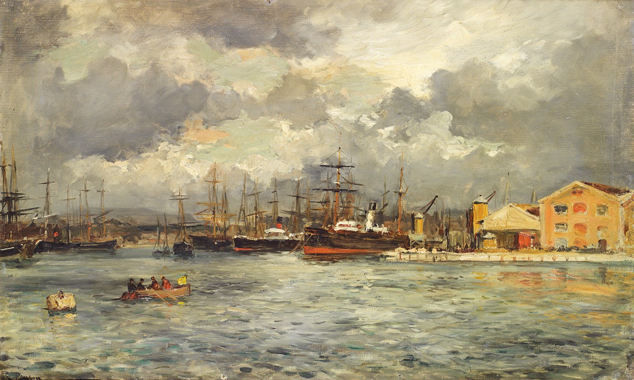 Luc Raphaël Ponson (1835-1904) Docks de MarseilleHuile sur toileSignée en bas à gauche44,5 x 70 cm