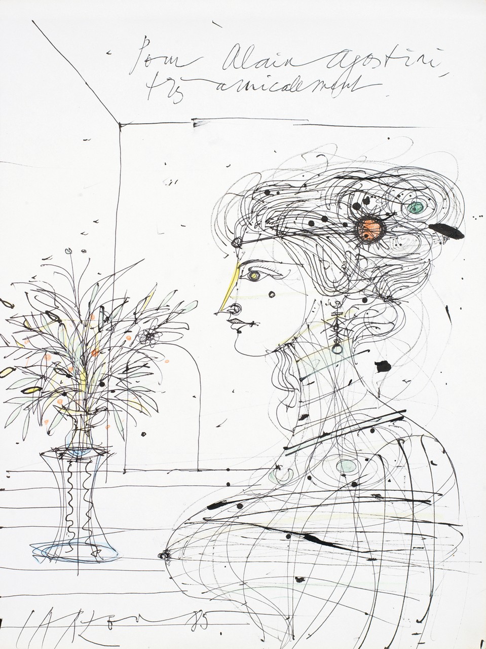 JEAN CARZOU (1907-2000) Profil de femme, 1985Encre et crayons de couleur sur papierSignée et datée