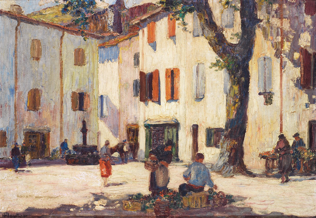 Louis Floutier (1882-1936) Place de villageHuile sur toileSignée en bas à gauche34 x 45 cm