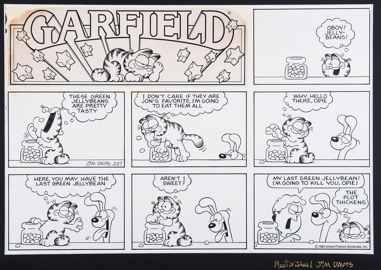 Jim Davis (Né en 1945) Garfield, The last Green jelly Bean Encre de Chine et collage sur papier pour