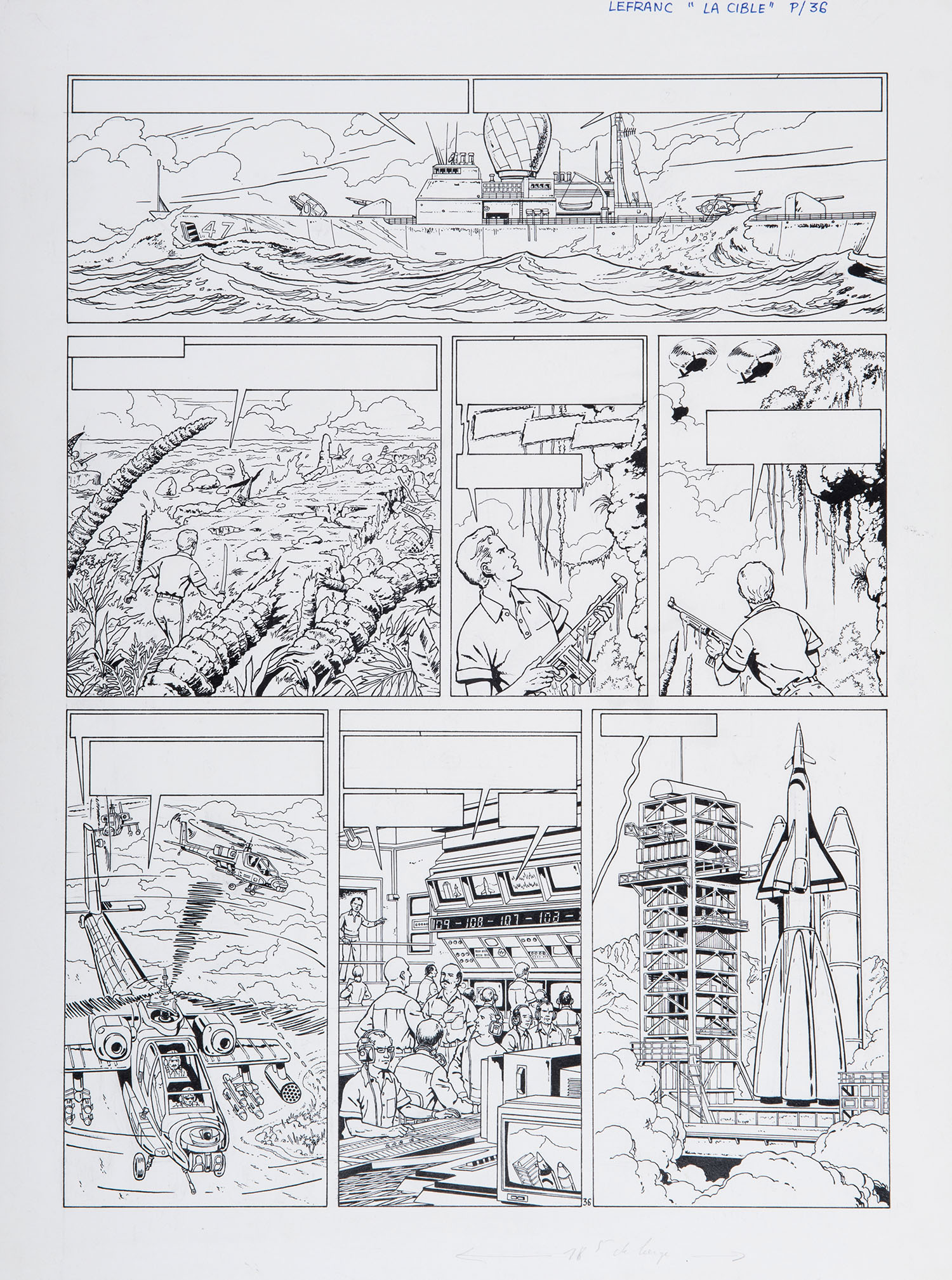 Gilles Chaillet (1946-2011) Lefranc, La cible - Tome 11 Encre de Chine sur papier pour la planche 36