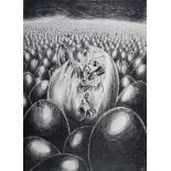 Philippe Druillet (Né en 1944) Les œufs, 1964 Crayon sur papier pour une illustration. Signé et
