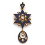 ANNEES 1860PENDENTIF EMAIL ETOILEcomposé d’une étoile et d’une pampille ovale, rehaussé d’émail bleu