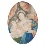 École française de la fin du XVIIe?siècle Vierge à l’enfant Gouache sur parchemin Gondolée On