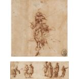 Jacques CALLOT (Nancy 1592-1635) Deux vignettes sur un même montage?: un lansquenet et un groupe