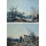 Antoine MONGIN (Paris 1761-Versailles 1827) Une paire de paysages fluviaux animés Gouache Signées et